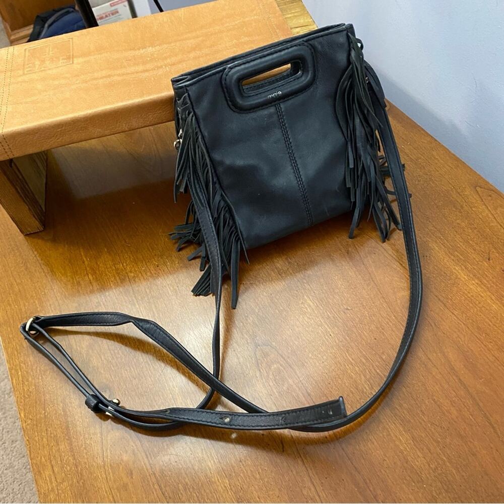 Maje Smooth Black Leather M Bag With Fringing Boho Mini Bag Crossbody Lagenlook - Picture 14 of 14